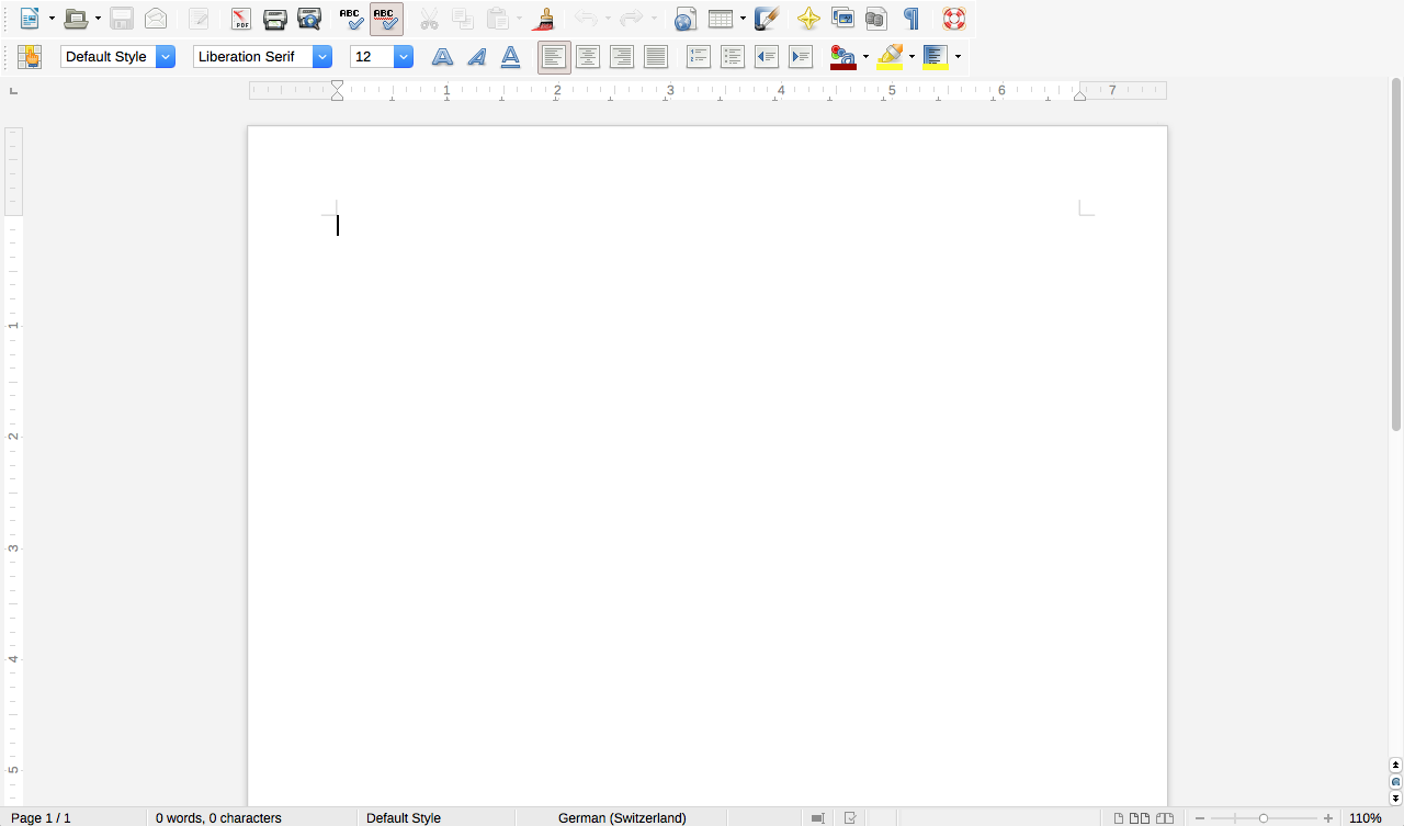 Die im Vergleich zu Microsoft Word relativ übersichtliche Arbeits-Interface von LibreOffices Word Processor 'Writer'.